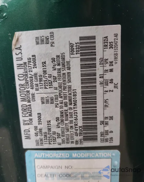 2001 Mazda B3000 Cab Plus из США, поврежденный, VIN 4F4YR16U31TM01851